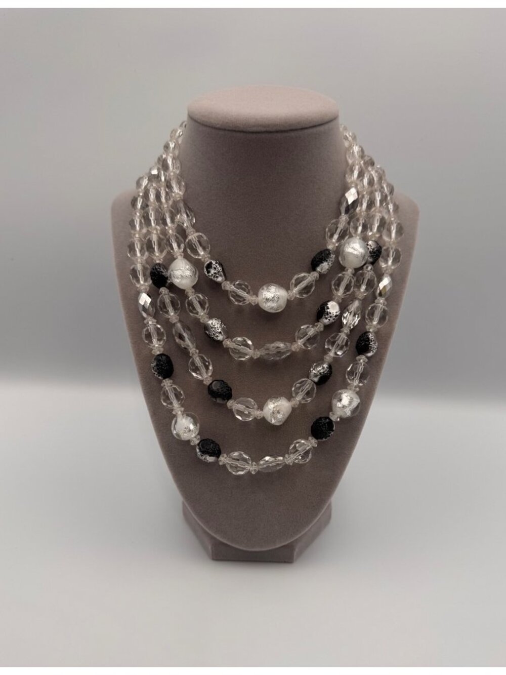 Vintage 4 Strand Faceted Glass Acrylic Bead Necklace Black Silver 18”